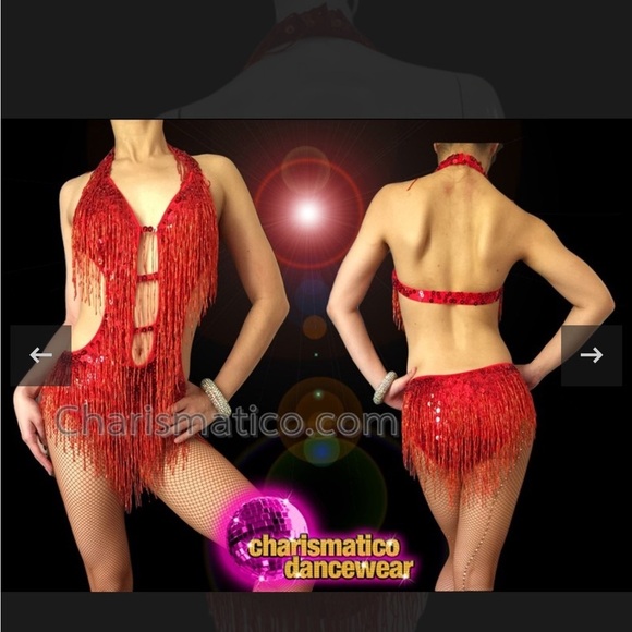 Red Satin Fringe One Piece with Lace V-Neck -new - Picture 4 of 4